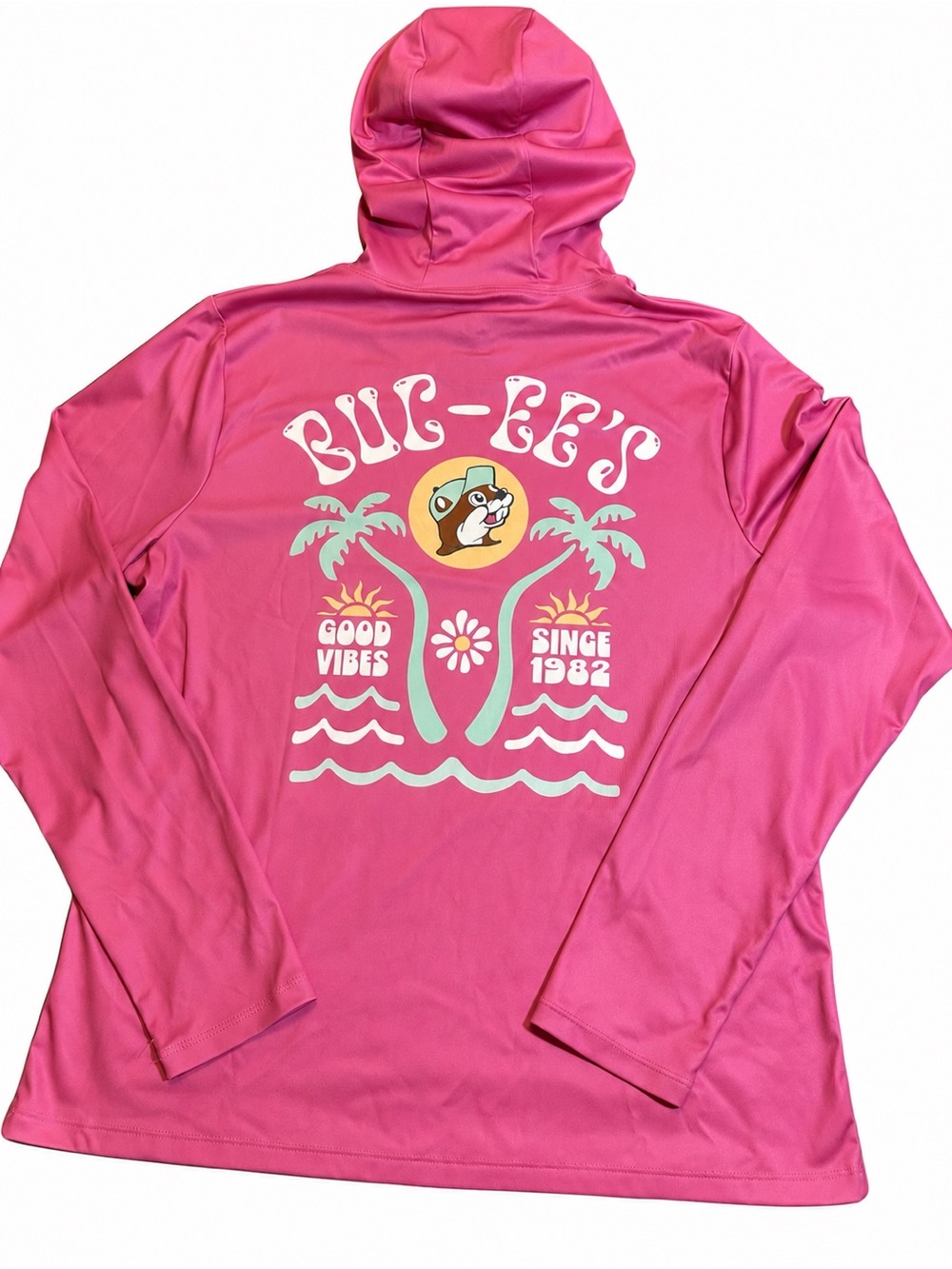 Buc-ee's Women's M Fuchsia Long Sleeve Performance Sun Hoodie Shirt Good Vibes